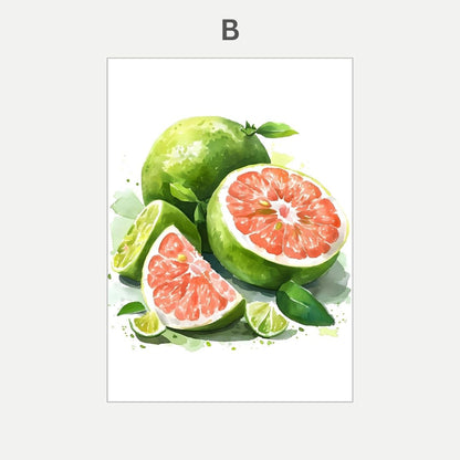 Illustration of green pomelos with one cut open to reveal pink flesh on a white background.