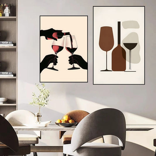 Minimalist Coffee Cups Wine Glass Retro Canvas Print Wall Art For Modern Kitchen Dining Room Wall Decor