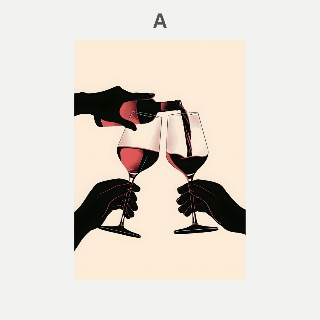 Illustration of hands pouring red wine into two glasses on a beige background