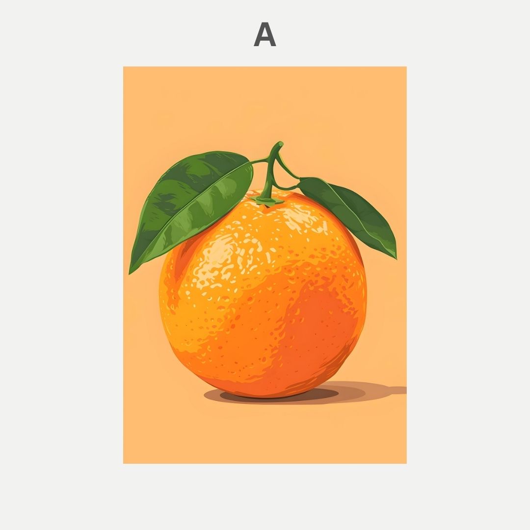 Illustration of an orange with green leaves on a peach-colored background