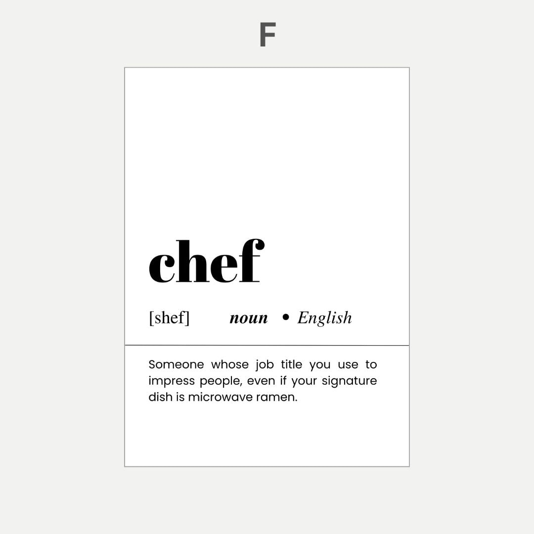 Definition of 'chef' with a humorous definition on a white background