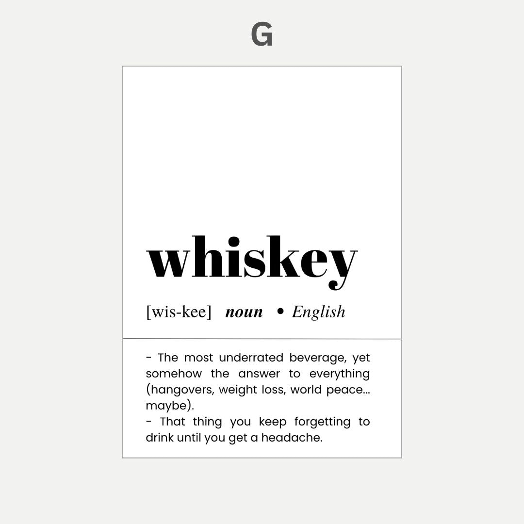Definition of 'whiskey' with humorous description on a white background
