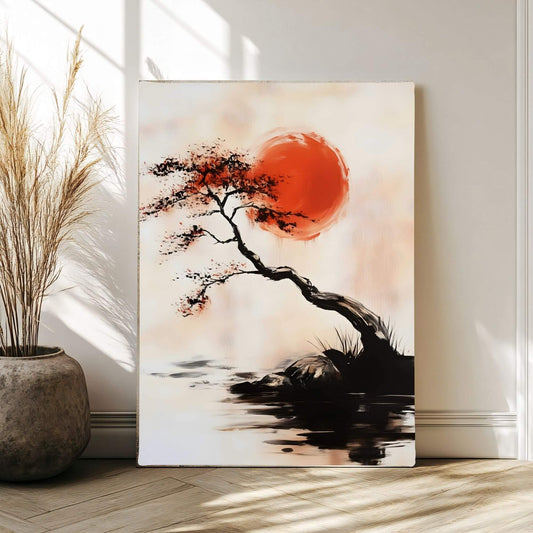 Minimalist Japanese Tree Wall Art Framed Canvas Print