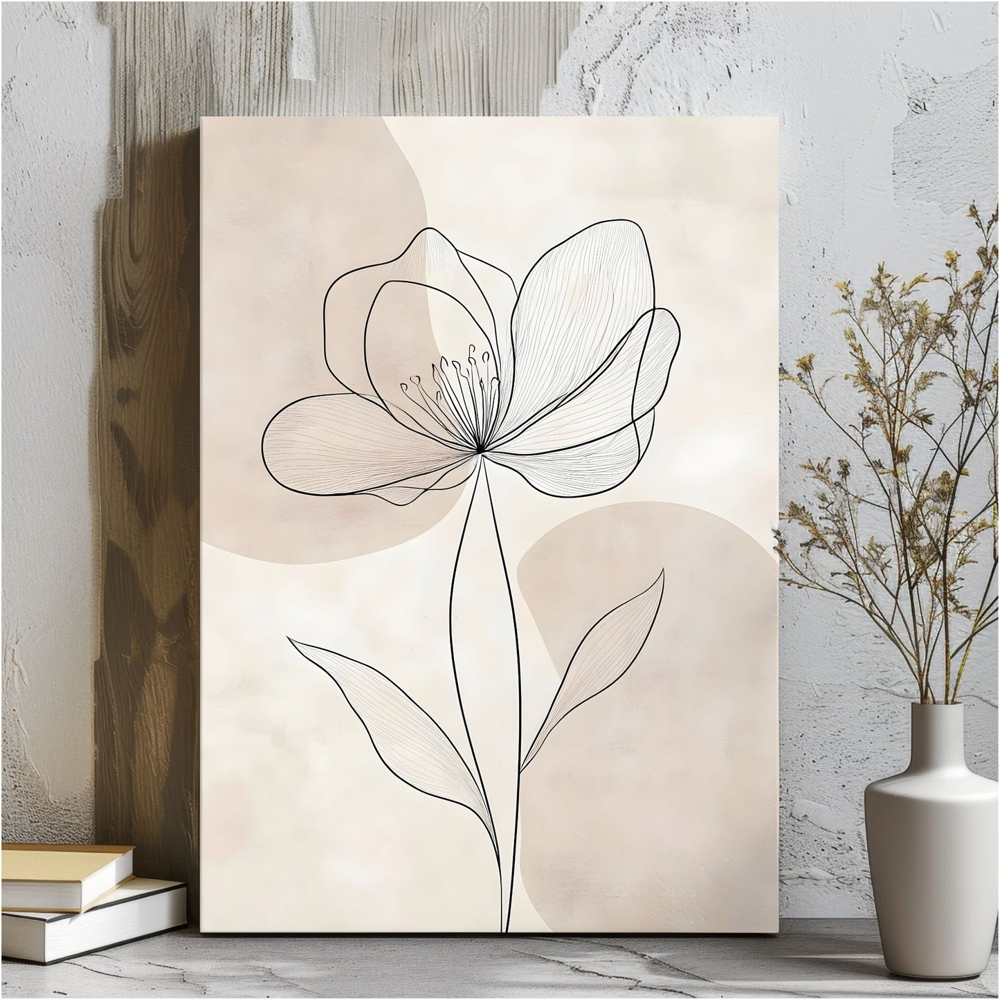 Minimalist Line Flower Framed Wall Art Canvas Print - Neutral Botanical Outline Artwork