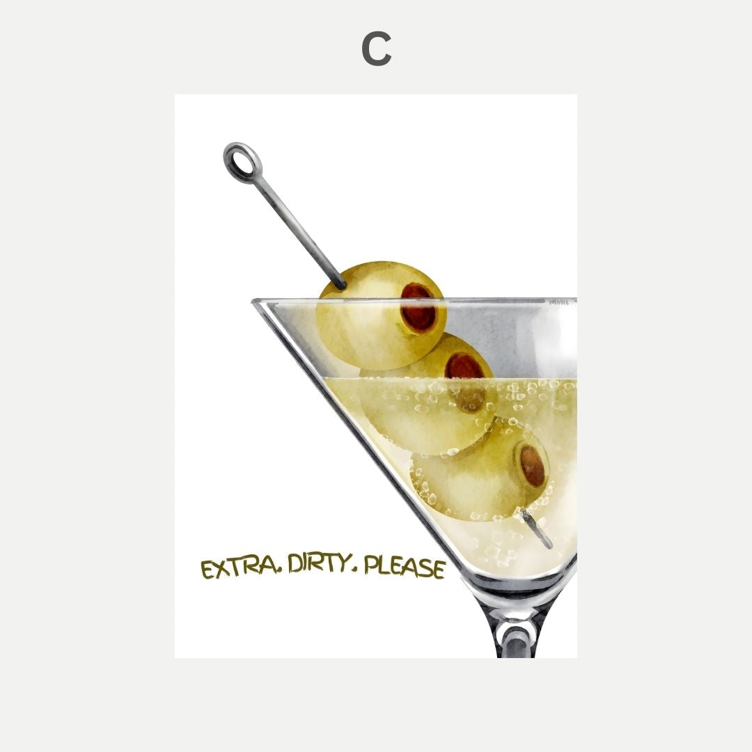 Martini glass with olives and a spoon, text 'Extra Dirty, Please' on a white background