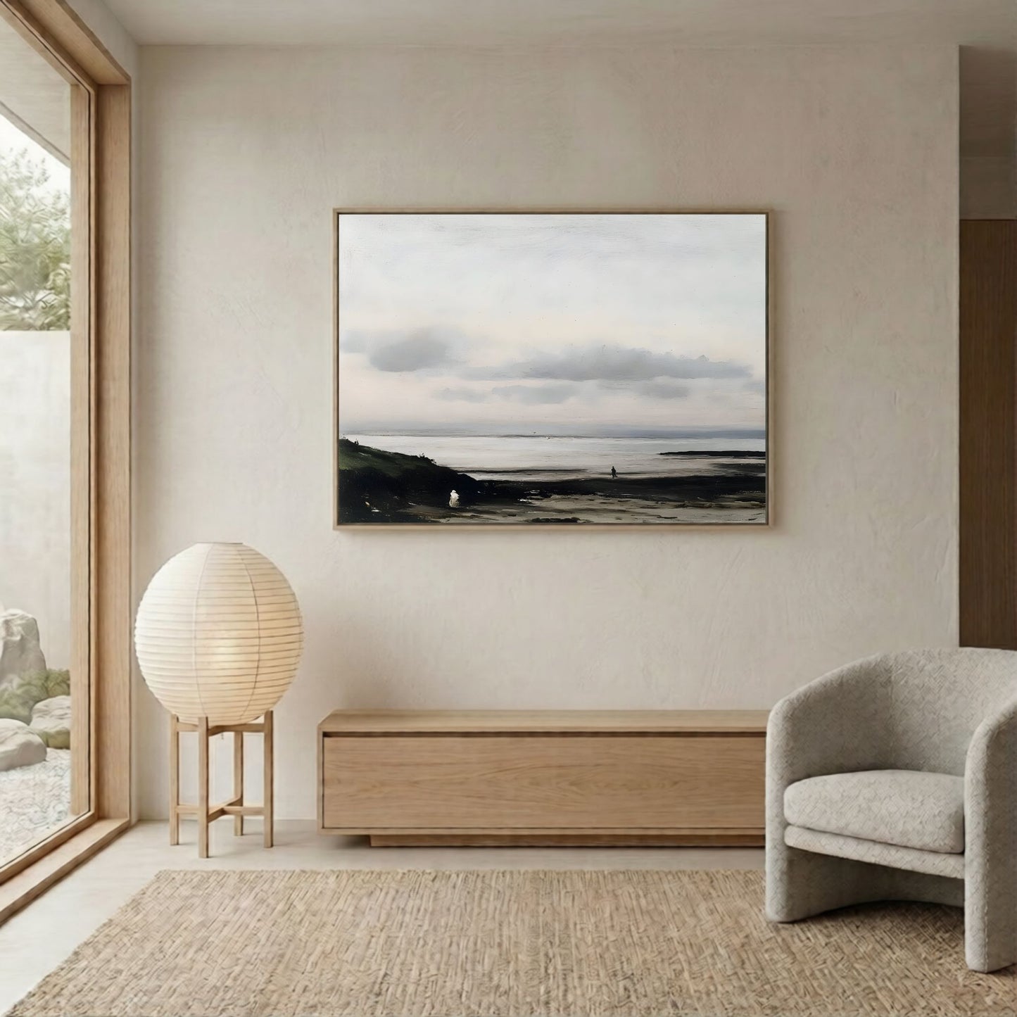 Minimalist Neutral Abstract Landscape Framed Wall Art Canvas Print – Modern Beige Black Art for Contemporary Home Decor