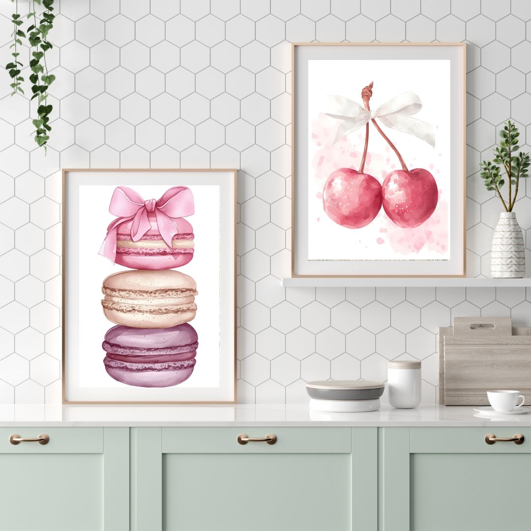 Minimalist Patisserie Pink Macaron Cherries Wall Art Canvas Print For Kitchen Dining Room Home Goods Decor