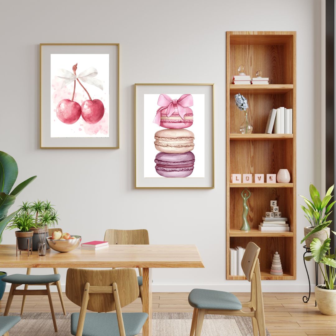Minimalist Patisserie Pink Macaron Cherries Wall Art Canvas Print For Kitchen Dining Room Home Goods Decor