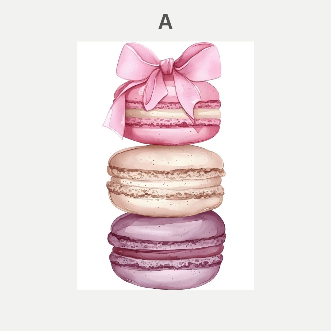 Three macarons stacked with a pink bow on top against a white background