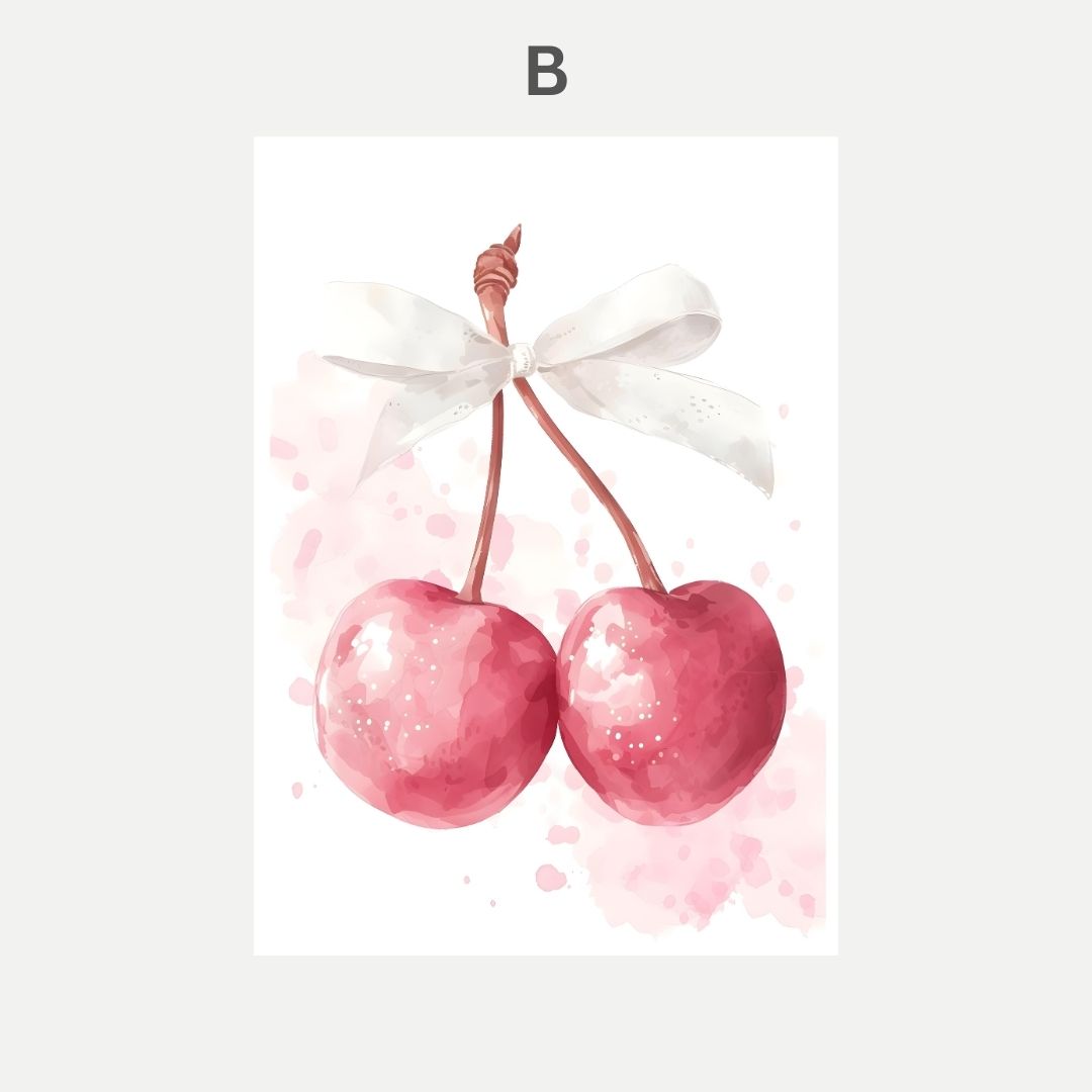Illustration of two pink cherries tied with a white ribbon on a light pink background.