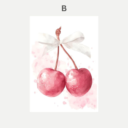 Illustration of two pink cherries tied with a white ribbon on a light pink background.