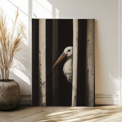 Minimalist Pelican Bird Framed Wall Art Canvas Print – Moody Black White Coastal Animal Artwork