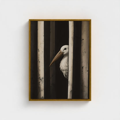 Minimalist Pelican Bird Framed Wall Art Canvas Print – Moody Black White Coastal Animal Artwork
