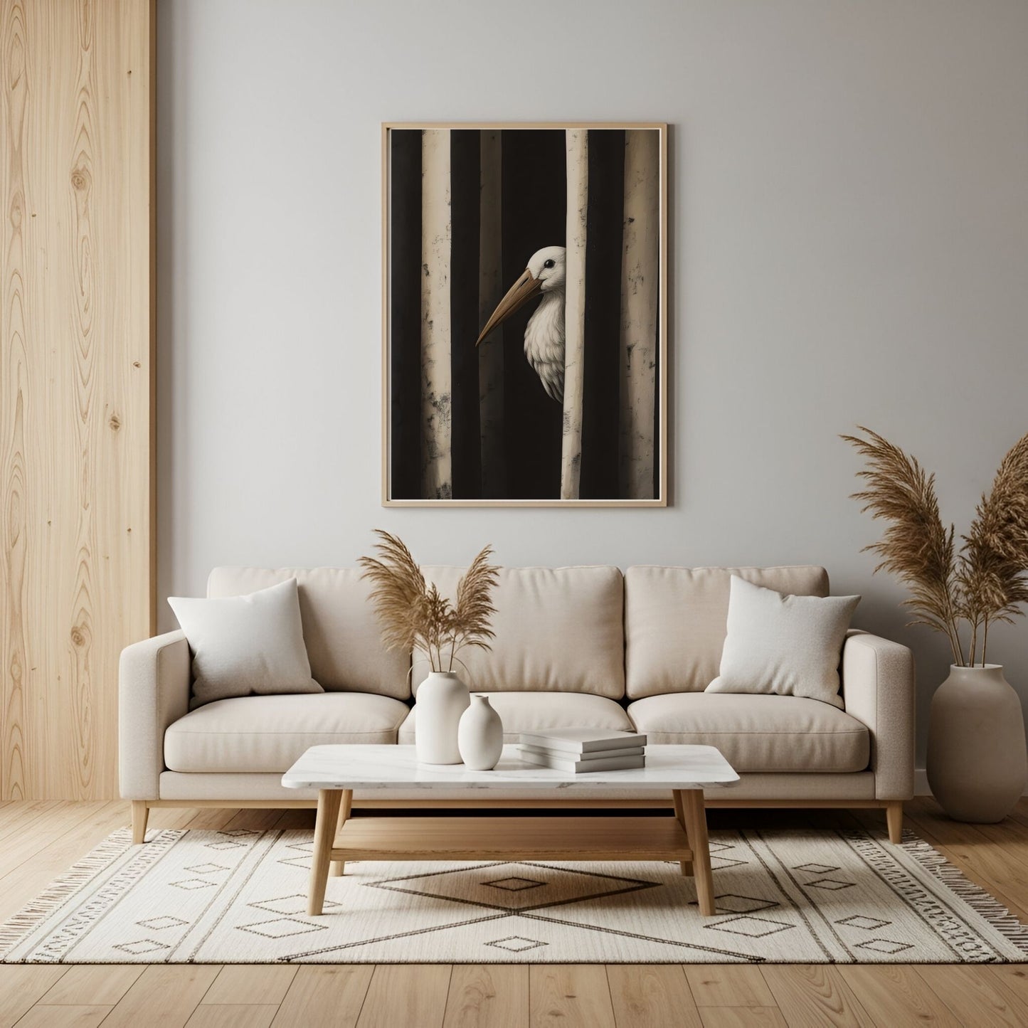 Minimalist Pelican Bird Framed Wall Art Canvas Print – Moody Black White Coastal Animal Artwork