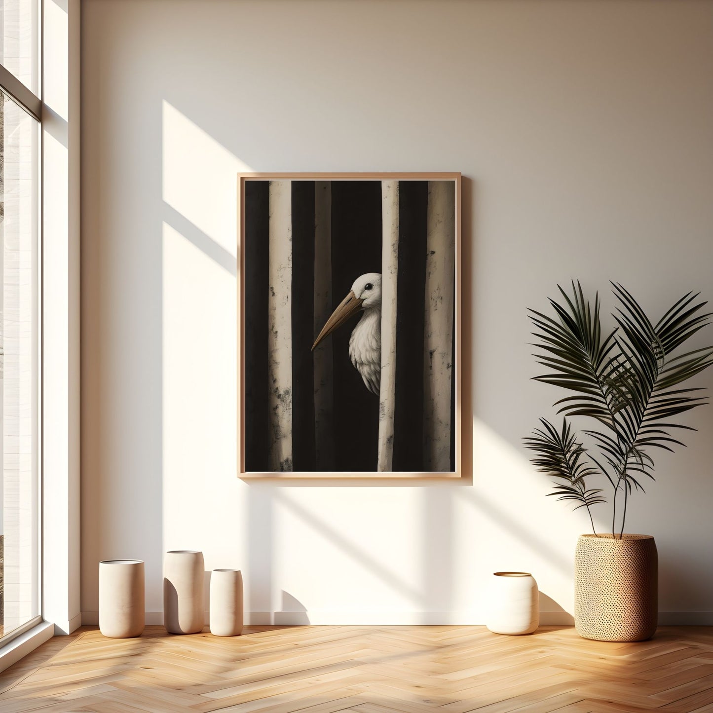 Minimalist Pelican Bird Framed Wall Art Canvas Print – Moody Black White Coastal Animal Artwork