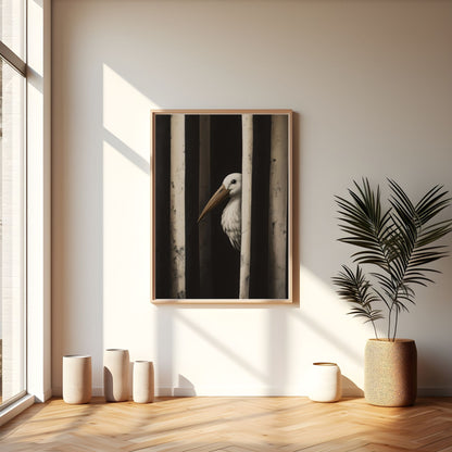 Minimalist Pelican Bird Framed Wall Art Canvas Print – Moody Black White Coastal Animal Artwork