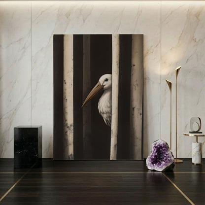 Minimalist Pelican Bird Framed Wall Art Canvas Print – Moody Black White Coastal Animal Artwork