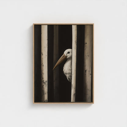 Minimalist Pelican Bird Framed Wall Art Canvas Print – Moody Black White Coastal Animal Artwork