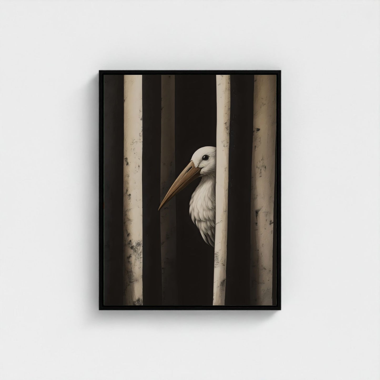 Minimalist Pelican Bird Framed Wall Art Canvas Print – Moody Black White Coastal Animal Artwork