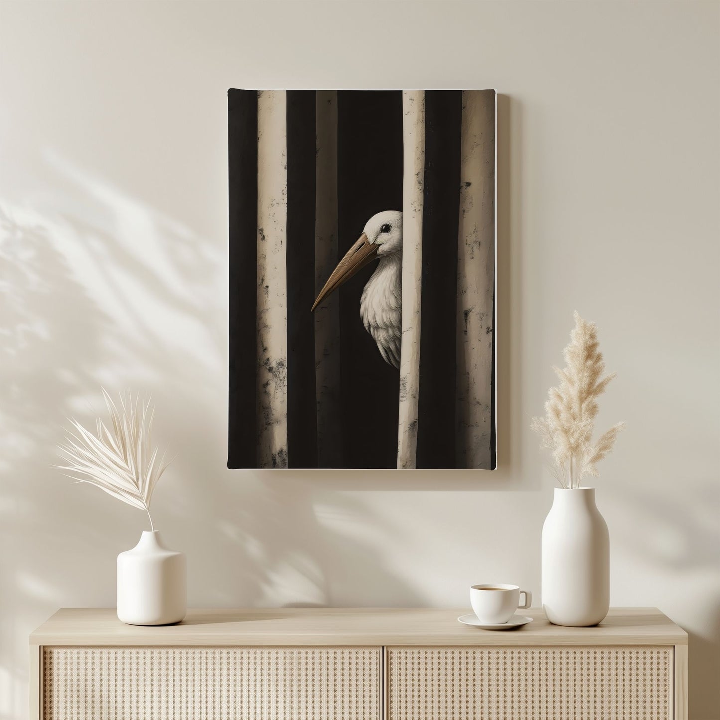 Minimalist Pelican Bird Framed Wall Art Canvas Print – Moody Black White Coastal Animal Artwork