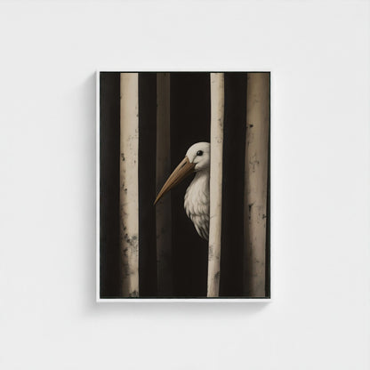 Minimalist Pelican Bird Framed Wall Art Canvas Print – Moody Black White Coastal Animal Artwork