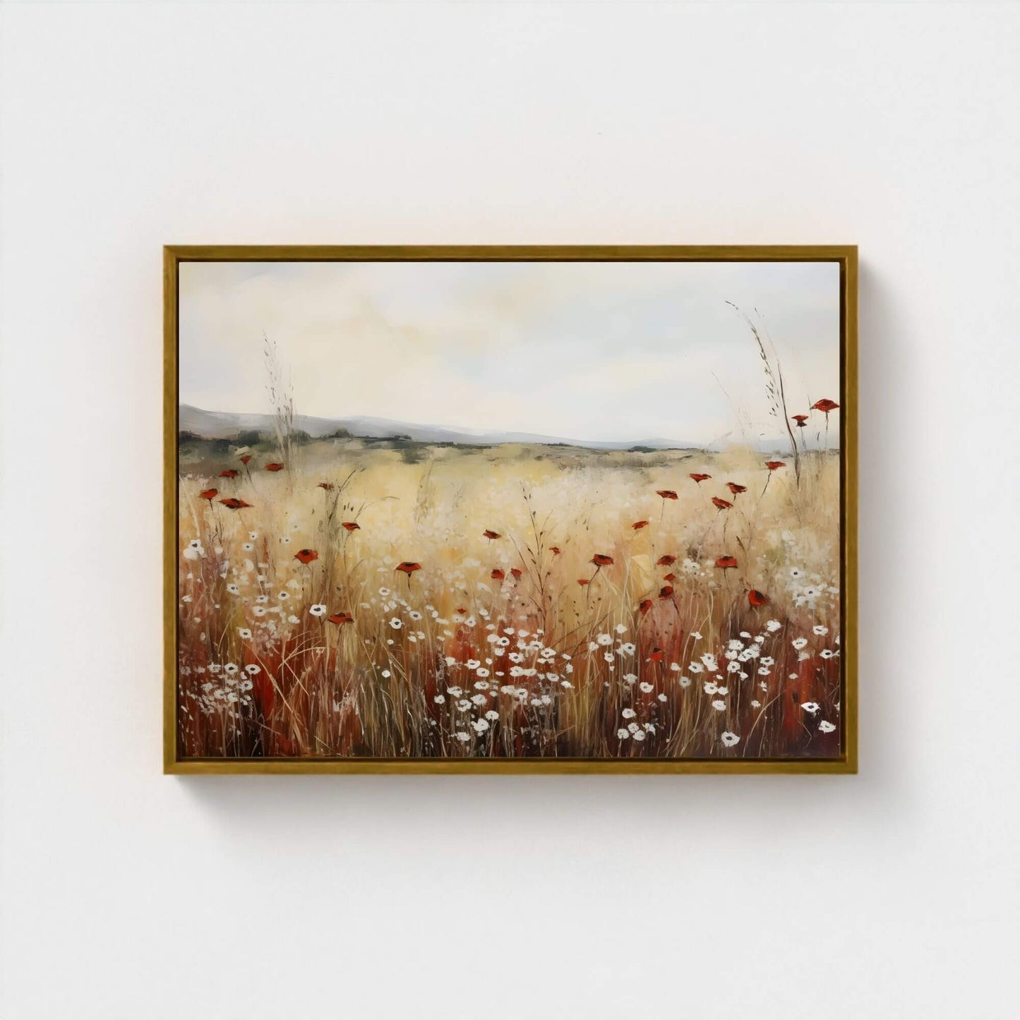 Minimalist Poppy Field Framed Wall Art Canvas Print – Wildflower Meadow Landscape for Modern Farmhouse Decor