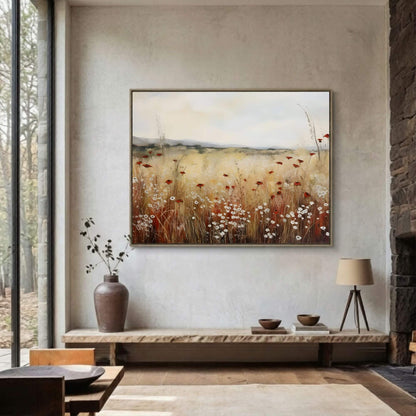 Minimalist Poppy Field Framed Wall Art Canvas Print – Wildflower Meadow Landscape for Modern Farmhouse Decor