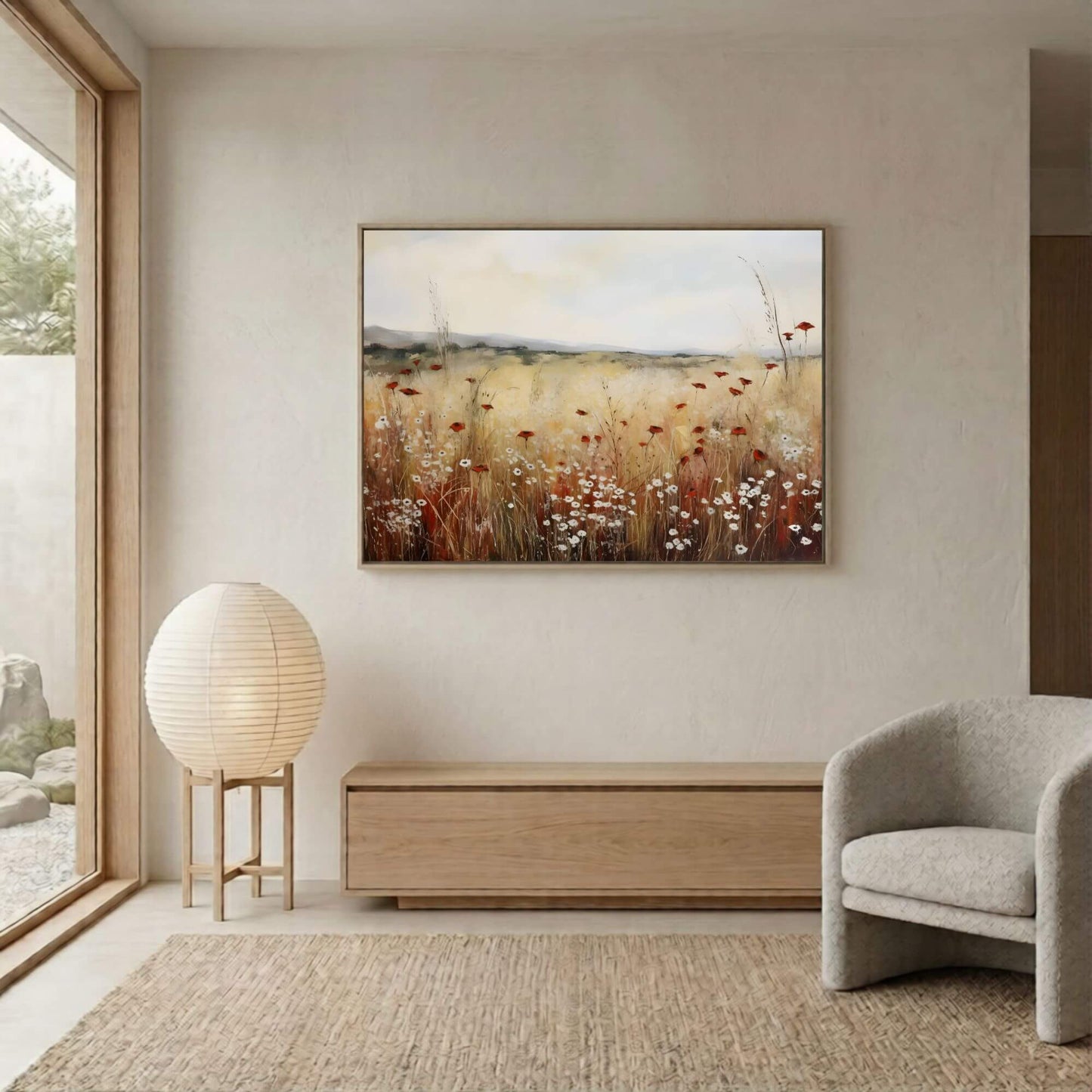 Minimalist Poppy Field Framed Wall Art Canvas Print – Wildflower Meadow Landscape for Modern Farmhouse Decor