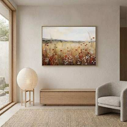 Minimalist Poppy Field Framed Wall Art Canvas Print – Wildflower Meadow Landscape for Modern Farmhouse Decor