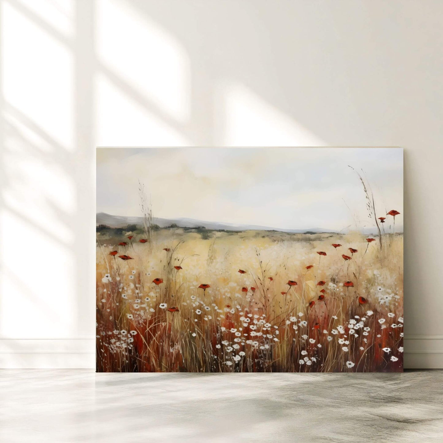Minimalist Poppy Field Framed Wall Art Canvas Print – Wildflower Meadow Landscape for Modern Farmhouse Decor