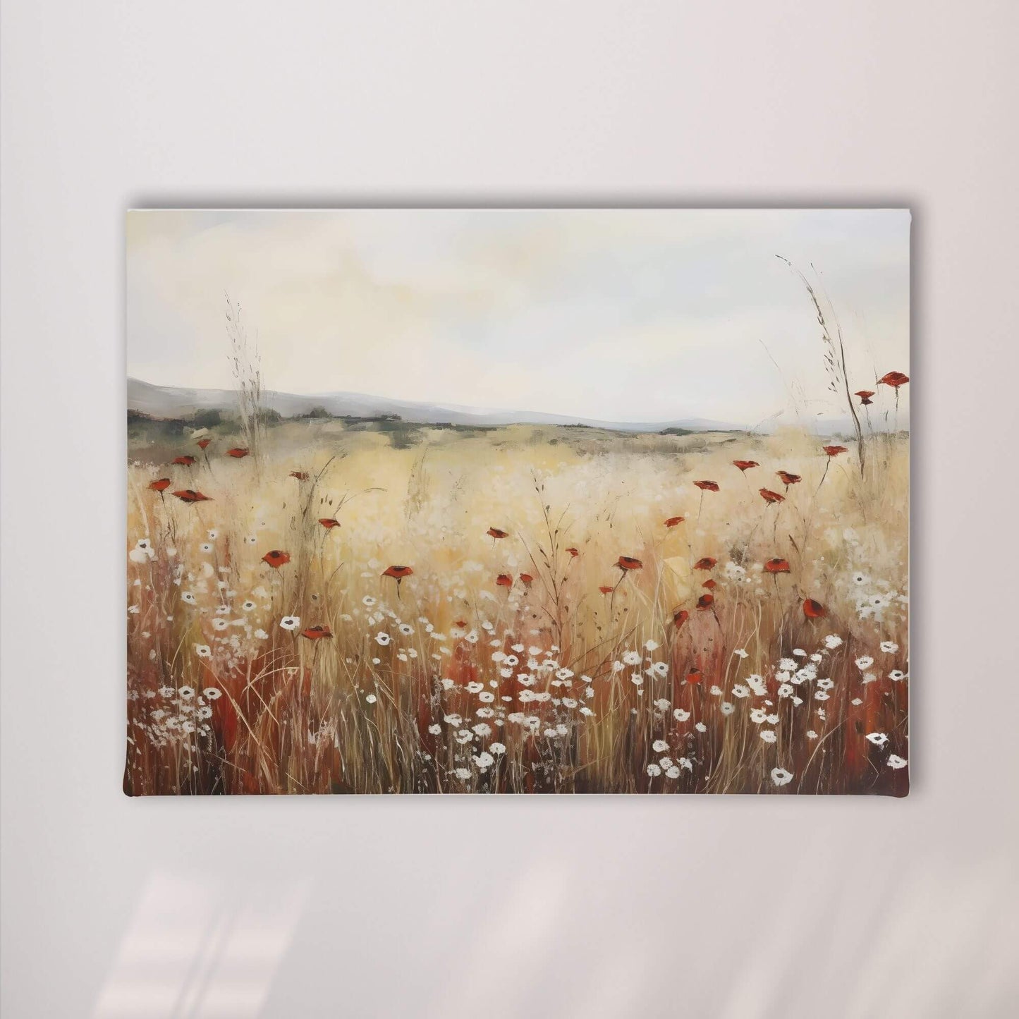 Minimalist Poppy Field Framed Wall Art Canvas Print – Wildflower Meadow Landscape for Modern Farmhouse Decor