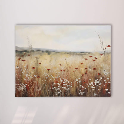 Minimalist Poppy Field Framed Wall Art Canvas Print – Wildflower Meadow Landscape for Modern Farmhouse Decor