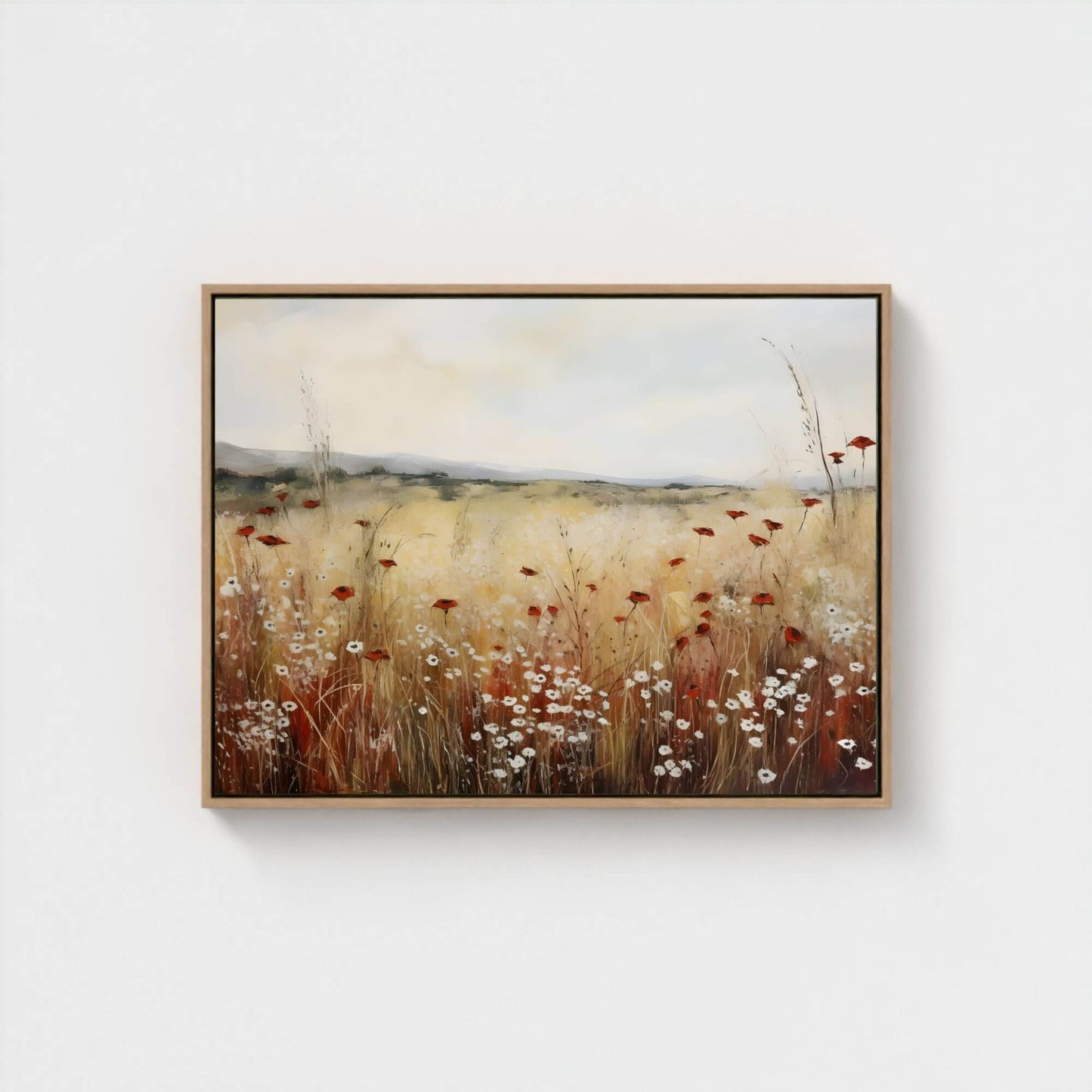 Minimalist Poppy Field Framed Wall Art Canvas Print – Wildflower Meadow Landscape for Modern Farmhouse Decor