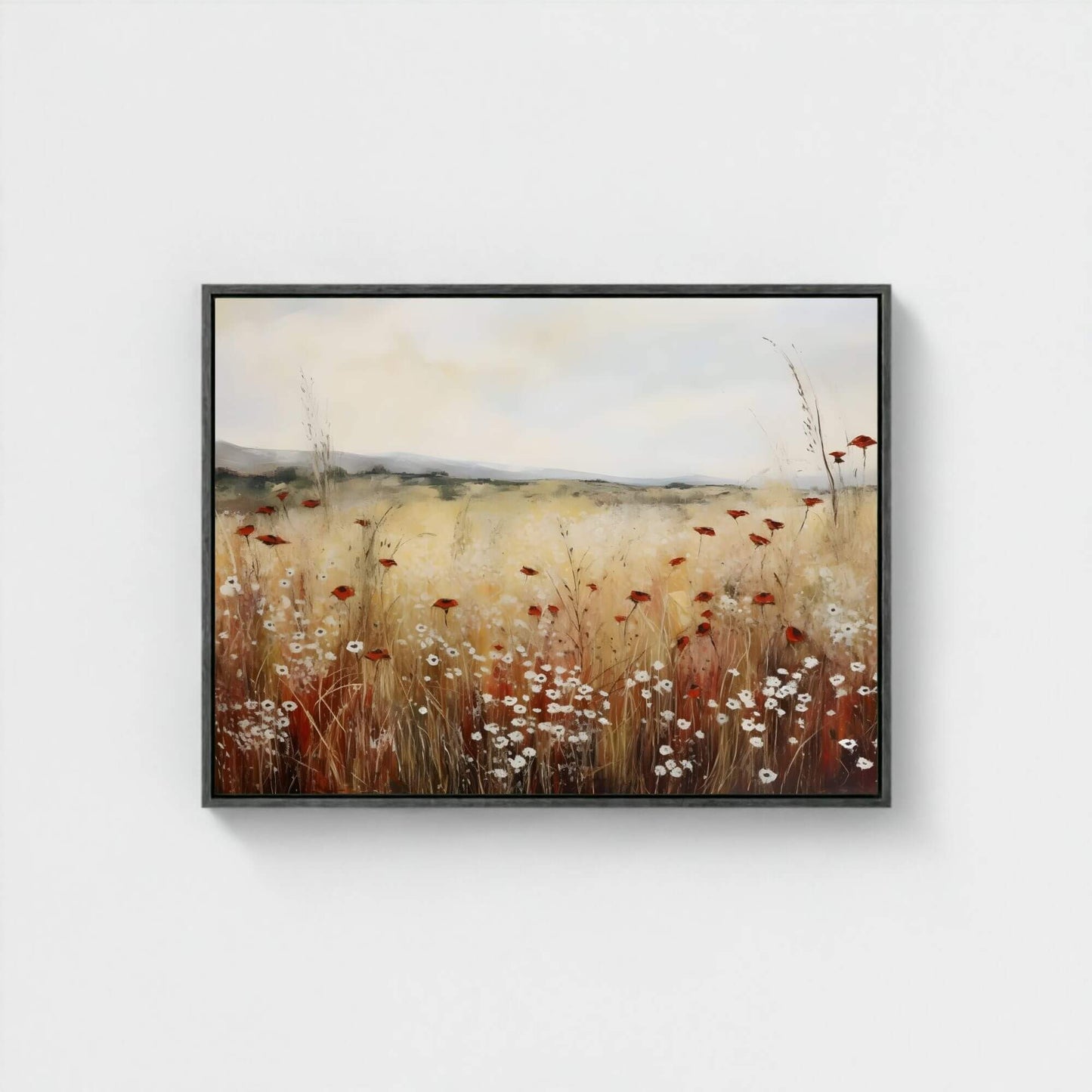 Minimalist Poppy Field Framed Wall Art Canvas Print – Wildflower Meadow Landscape for Modern Farmhouse Decor