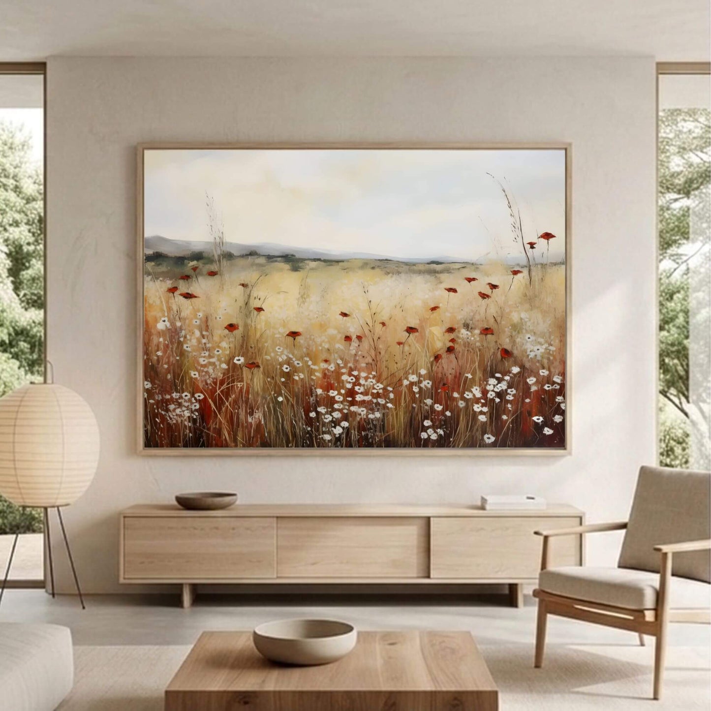 Minimalist Poppy Field Framed Wall Art Canvas Print – Wildflower Meadow Landscape for Modern Farmhouse Decor