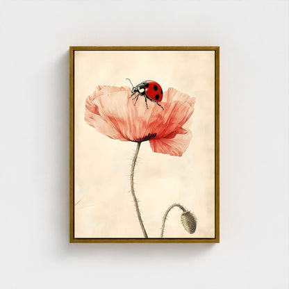 Minimalist Poppy Ladybug Wall Art Framed Canvas Print - Pastel Botanical Art