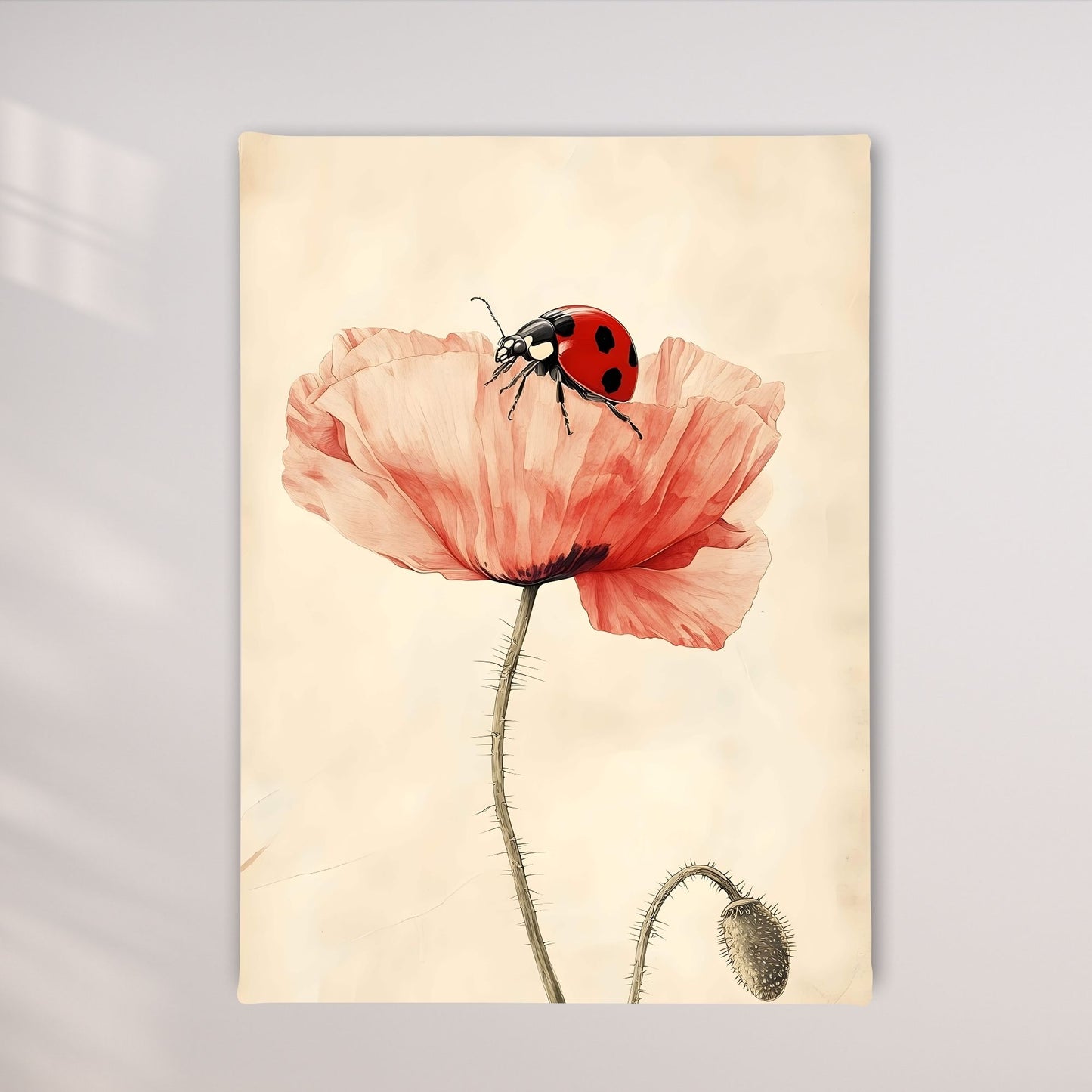 Minimalist Poppy Ladybug Wall Art Framed Canvas Print - Pastel Botanical Art