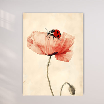 Minimalist Poppy Ladybug Wall Art Framed Canvas Print - Pastel Botanical Art