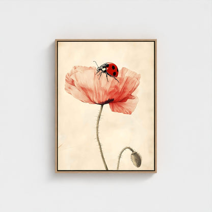 Minimalist Poppy Ladybug Wall Art Framed Canvas Print - Pastel Botanical Art