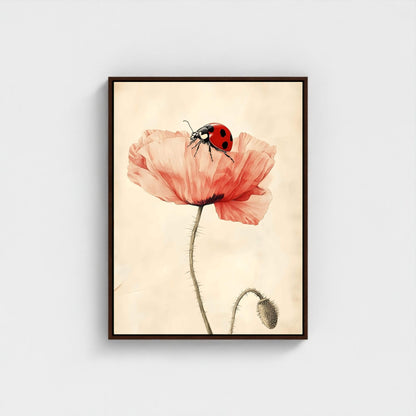 Minimalist Poppy Ladybug Wall Art Framed Canvas Print - Pastel Botanical Art