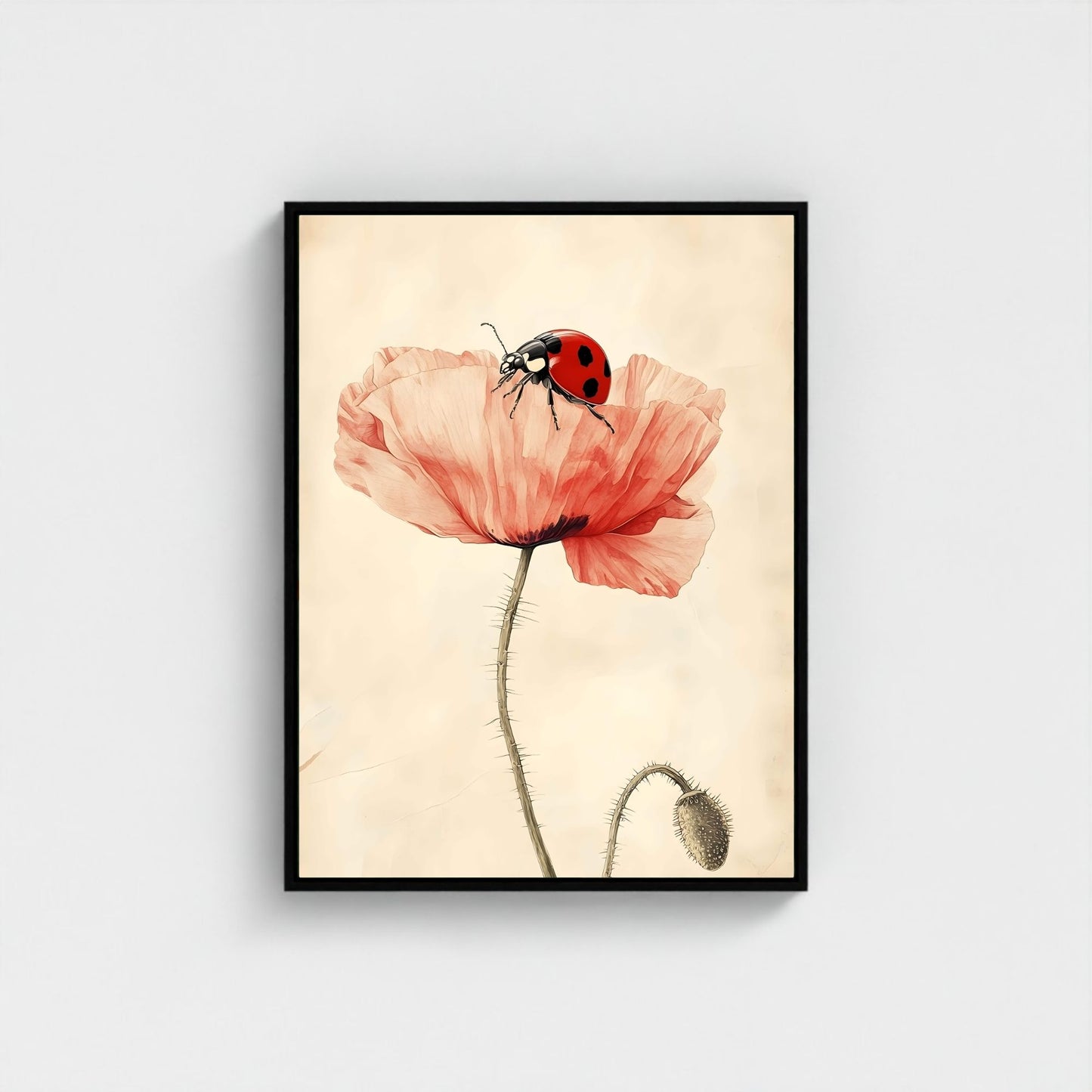 Minimalist Poppy Ladybug Wall Art Framed Canvas Print - Pastel Botanical Art