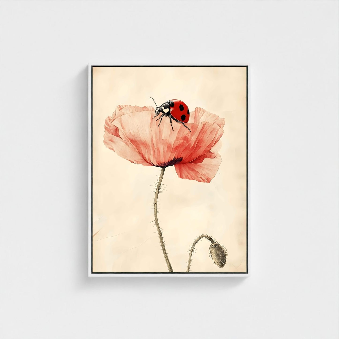 Minimalist Poppy Ladybug Wall Art Framed Canvas Print - Pastel Botanical Art
