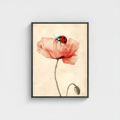 Minimalist Poppy Ladybug Wall Art Framed Canvas Print - Pastel Botanical Art