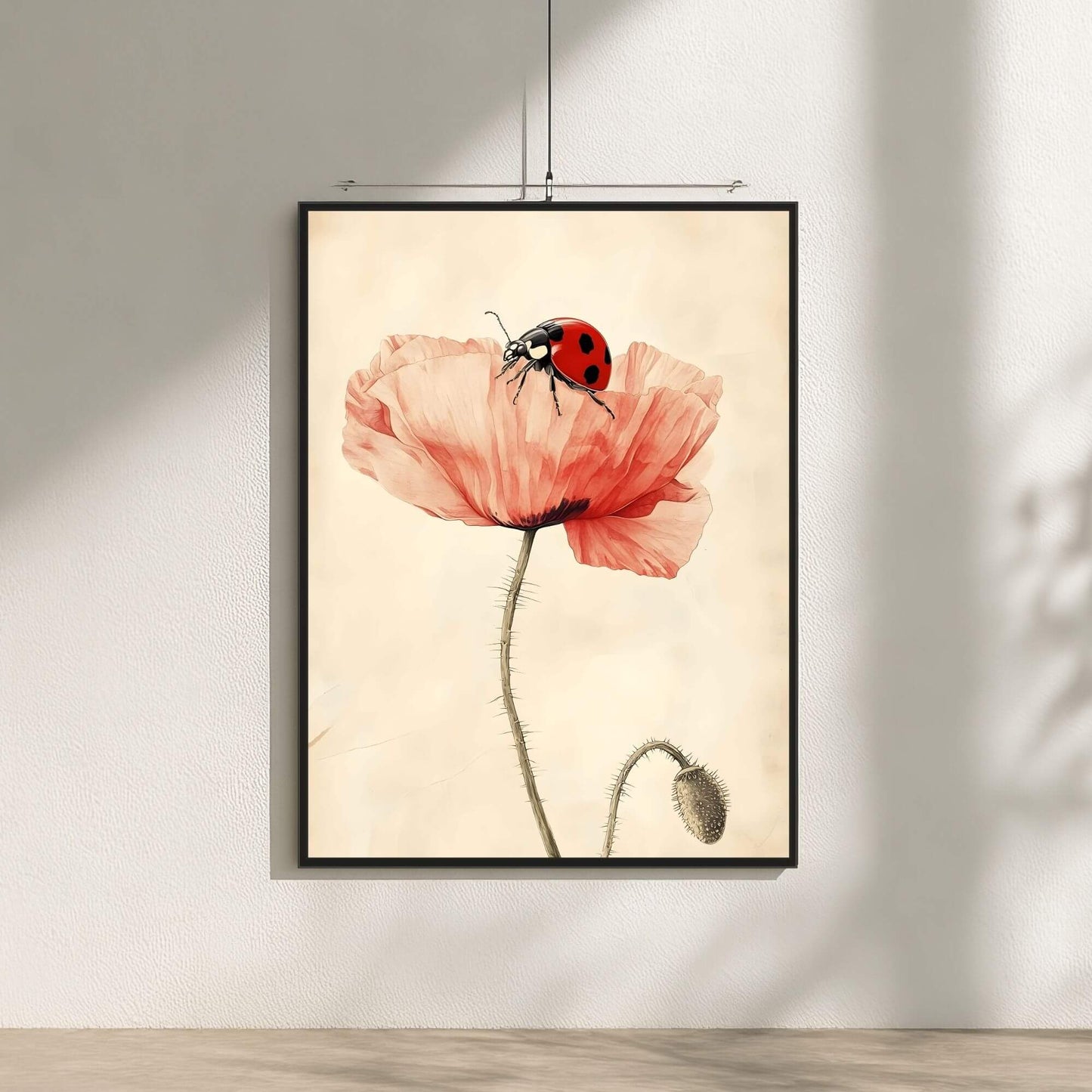 Minimalist Poppy Ladybug Wall Art Framed Canvas Print - Pastel Botanical Art