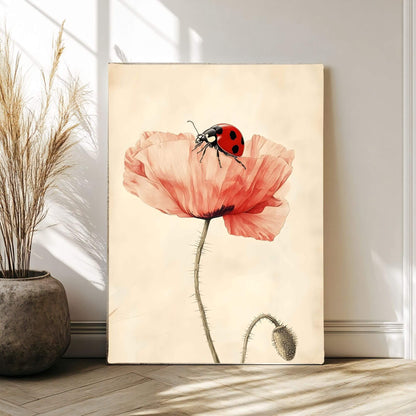 Minimalist Poppy Ladybug Wall Art Framed Canvas Print - Pastel Botanical Art