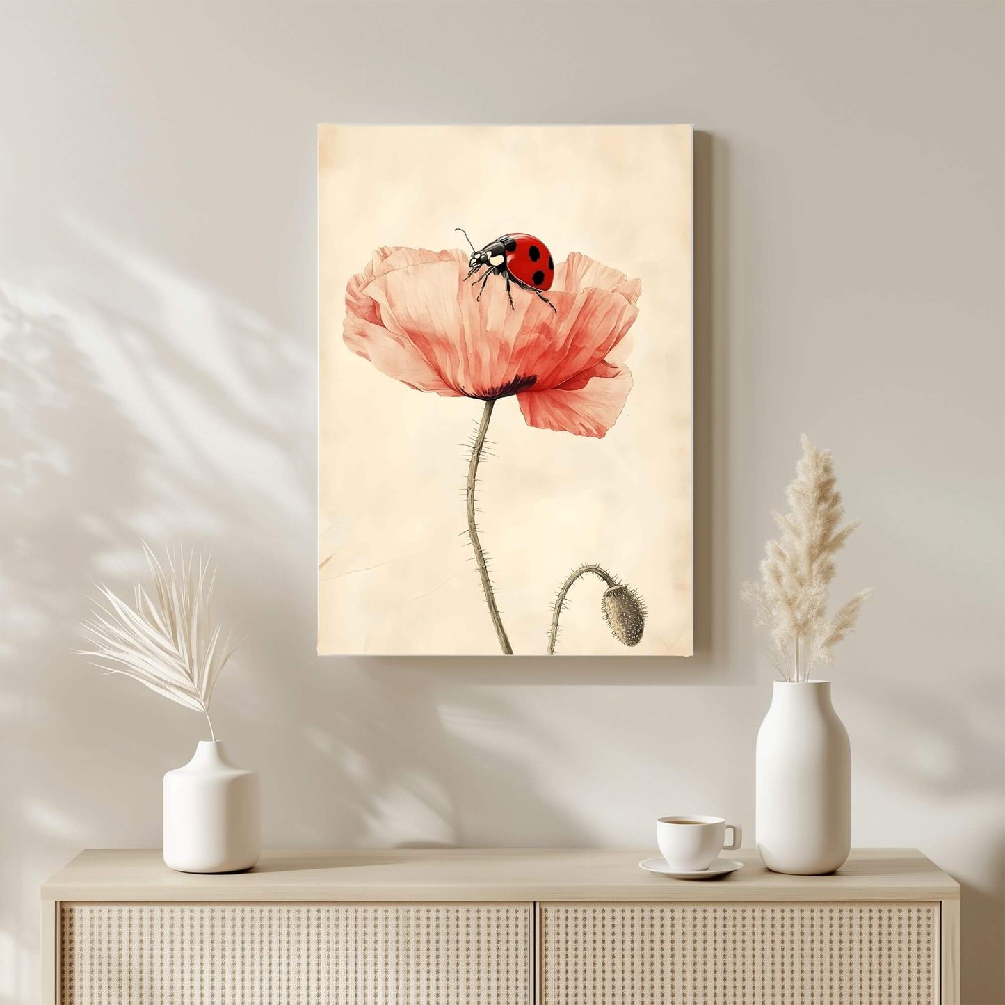 Minimalist Poppy Ladybug Wall Art Framed Canvas Print - Pastel Botanical Art