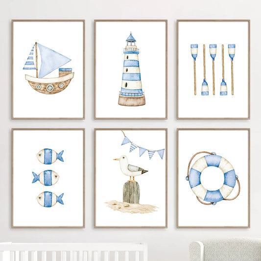 Minimalist Sailboat Lighthouse Fish Nautical Wall Art Canvas Print Marine Poster For Nursery Kids Room Décor