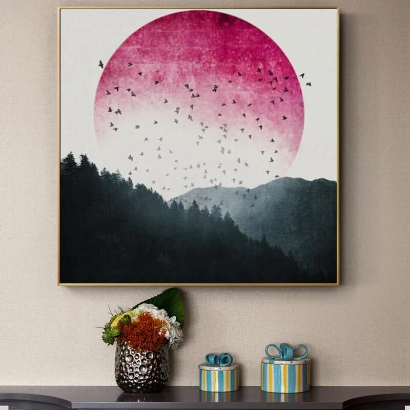 Minimalist Abstract Landscape Canvas Print Japanese Wall Art Sunset Forest Poster For Modern Living Room Bedroom Décor