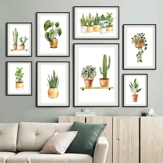 Minimalist Green Plants Pot Wall Art Canvas Prints Nordic Watercolor Botanical Poster Cactus Pictures For Scandinavian Living Room Kitchen Décor