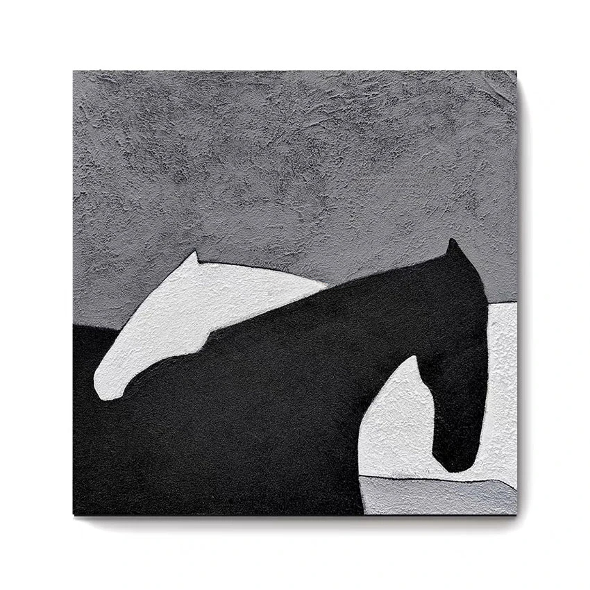 A black and white horse painting displayed on a wall above a modern dining set, featuring abstract elements with touches of grey, black, and white.